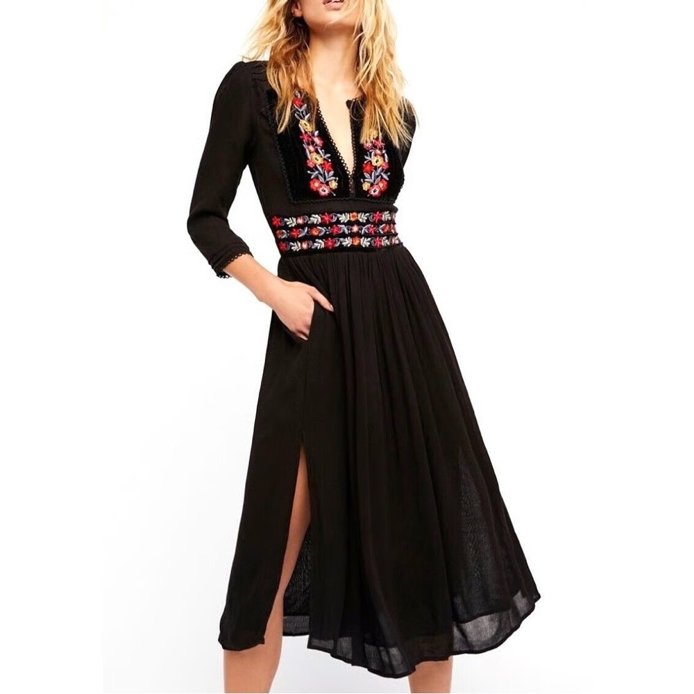 Free People Flora Embroidered Floral Midi Dress Boho
